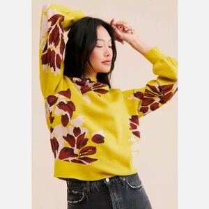 Anthropologie Beatriz Floral Chartreuse Mock Neck Sweater Sz XS
